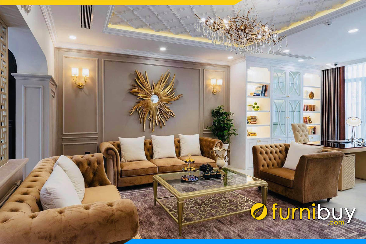 bo ghe sofa tan co dien ke phong khach cao cap boc ni mau nau
