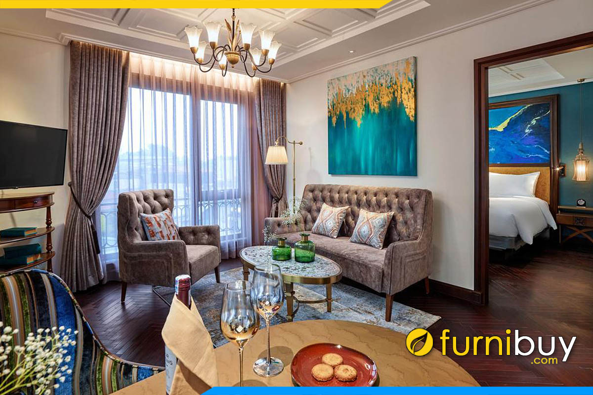 bo sofa phong khach chung cu dang vang phong cach tan ci dien boc ni