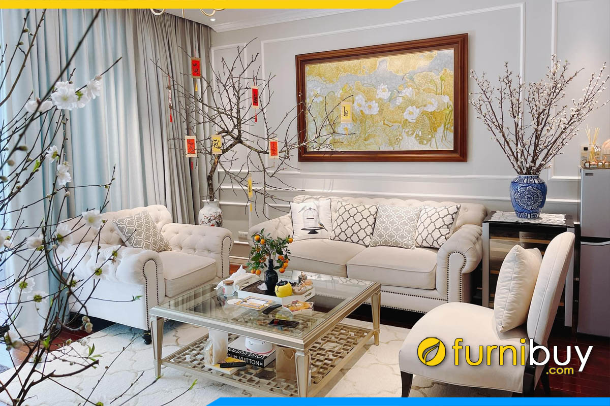 bo sofa phong khach tan co dien boc ni mau trang kem sang trong va dang cap
