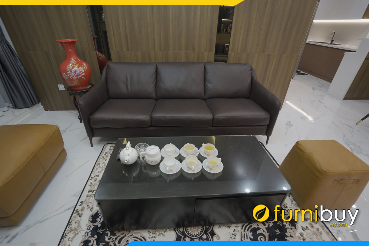 ghe sofa vang boc da 3 cho ngoi tay vin mong ke phong khach chung cu