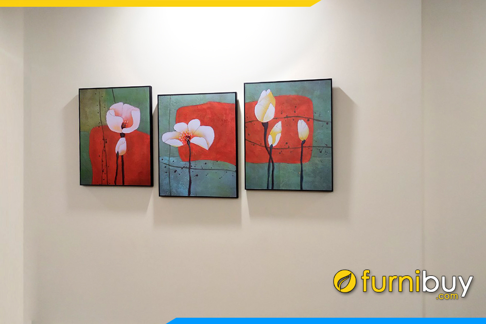 Tranh hoa sen treo tuong in vai canvas 3 tam dep