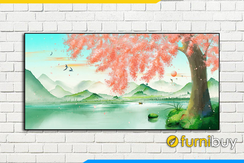 Tranh canvas phong canh song nuoc mua xuan anh dao