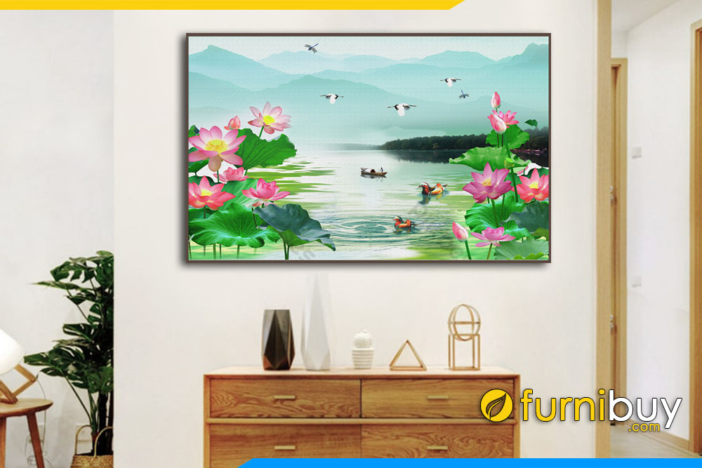 Tranh phong canh ho sen doi vit trang tri nha cua