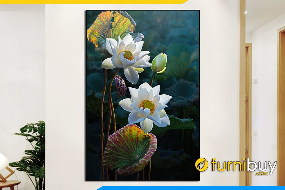 Tranh hoa sen trang nghe thuat treo cot tuong