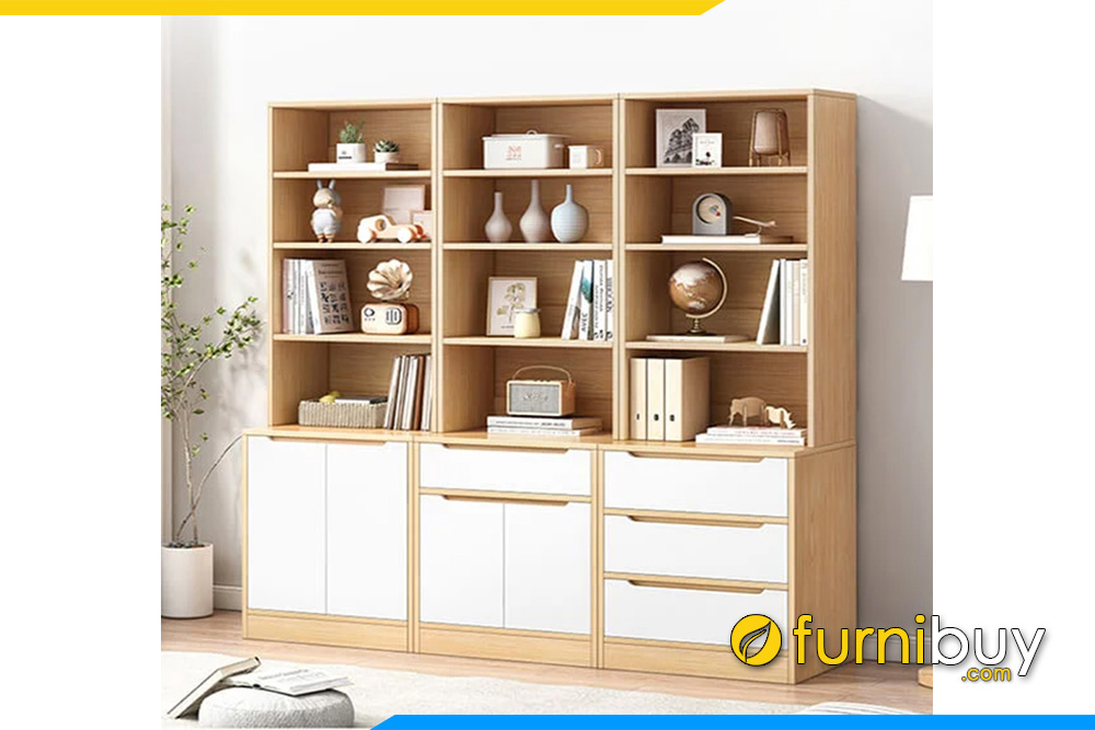 Hình ảnh Tủ kệ sách gỗ CN MDF chân bệt nhiều ngăn, hộc FB KS213