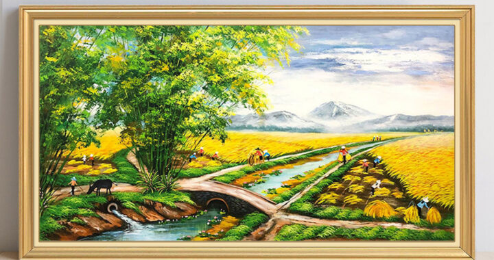 Tranh đồng quê lúa chín mùa vàng bội thu đẹp